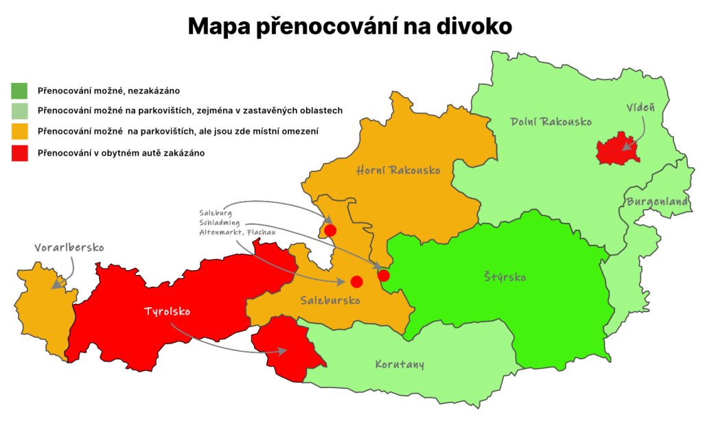 Nocování a kempování v Rakousku,mapa pravidel nocování