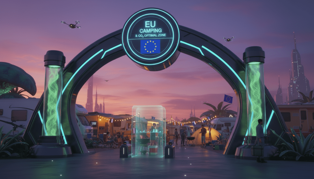 A futuristic archway labeled CO2 Checkpoint with glowing green cylinders and drones in a sci-fi city.